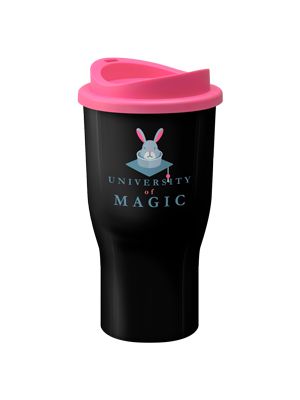 Challenger Tumbler Travel Mug- Black mug with a pink lid