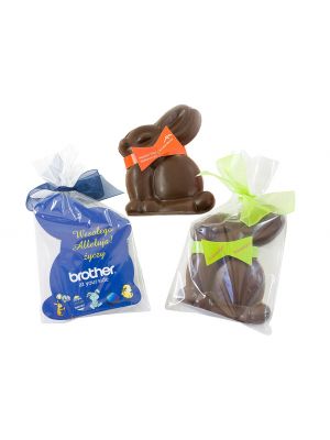 Chocolate Easter bunny in transparent bag and your branding printed to the backing card and bow around bunny's neck.