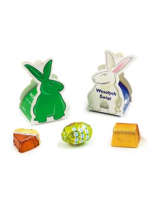 Rabbit shaped small gift box containing a small flavoured Easter egg.