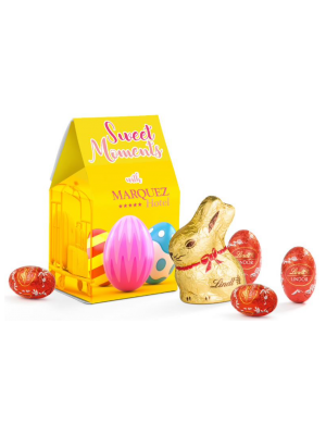 Personalised card box containing Lindt Easter bunny and Lindor Easter eggs. 