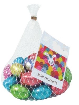 Net of chocolate foil covered easter eggs with your branding printed to a swing tag.