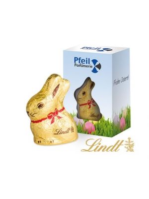 Lindt bunny in a personalised box with a rabbit cut out to display the Lindt bunny.