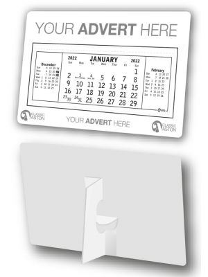 Compact desk calendar with cardboard easel and your branding printed to the header and footer.