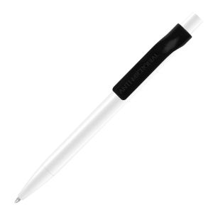 White pen with a black trim made with anti-microbial agent within the plastic.