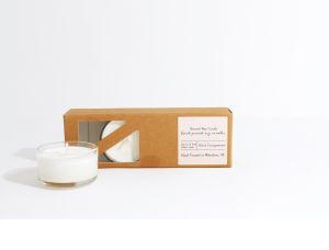 Cardboard Box containing 3 scented tea light candles. Box branded with your logo/design.