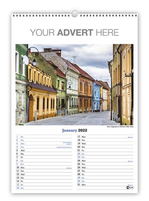 Portrait A3 wire bound wall calendar branded with your company details in the header.