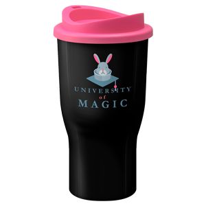 Challenger Tumbler Travel Mug- Black mug with a pink lid