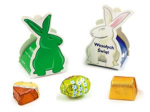 Rabbit shaped small gift box containing a small flavoured Easter egg.