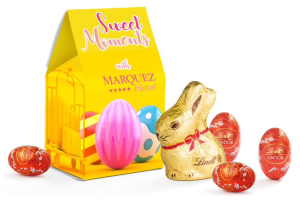 Personalised card box containing Lindt Easter bunny and Lindor Easter eggs. 