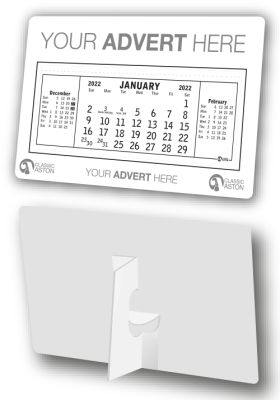 Compact desk calendar with cardboard easel and your branding printed to the header and footer.