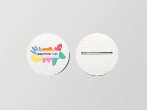 Circular badge made from recycled paper embedded with wildflower seeds and branded with your details. 