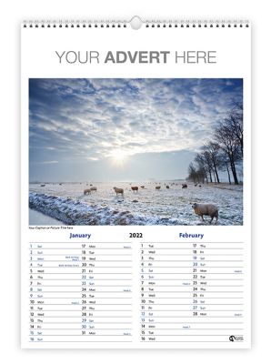 Portrait A4 wall wire bound calendar with your branding to the header and your choice of image.