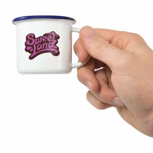 Compact white enamel espresso mug with your logo branded to the front.