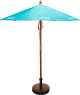 Wooden garden parasol with branding to the parasol.